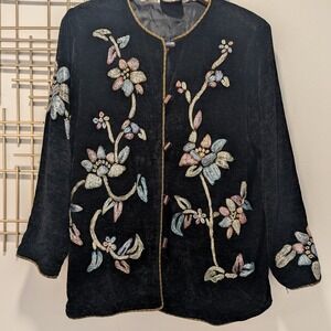 VTG 80's 90's Julia Khan Black Embroidered Statement Jacket Metallic Gold Trim